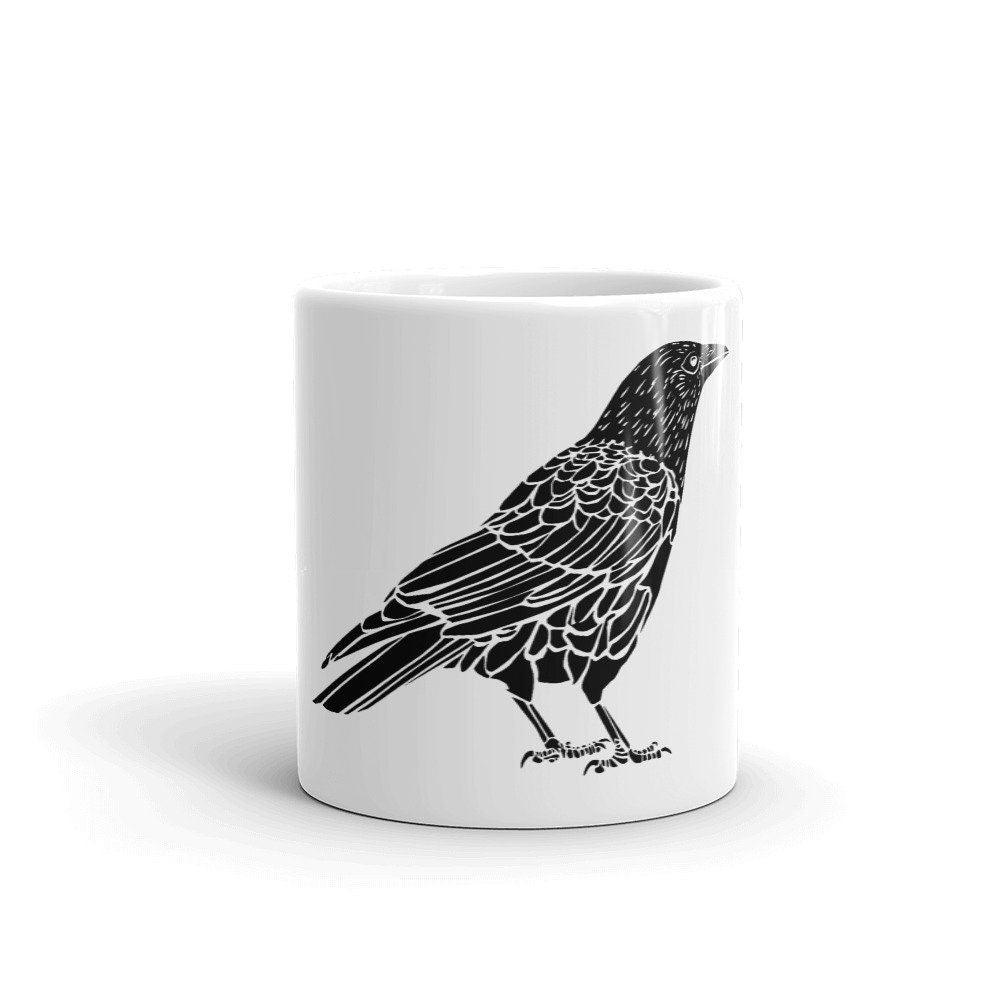 BellavanceInk: Coffee Mug With A Crow Illustration Wood Cut Style Graphic - BellavanceInk