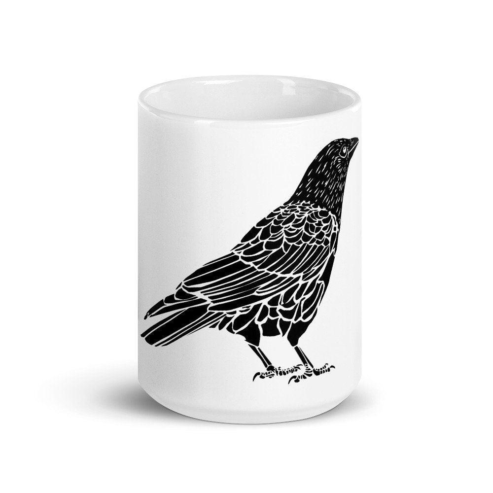 BellavanceInk: Coffee Mug With A Crow Illustration Wood Cut Style Graphic - BellavanceInk