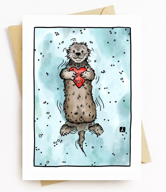 BellavanceInk: Hand Drawn Valentines Day Cards Heart Holding Otter Pen & Ink Watercolor Illustration 5 x 7 Inches - BellavanceInk