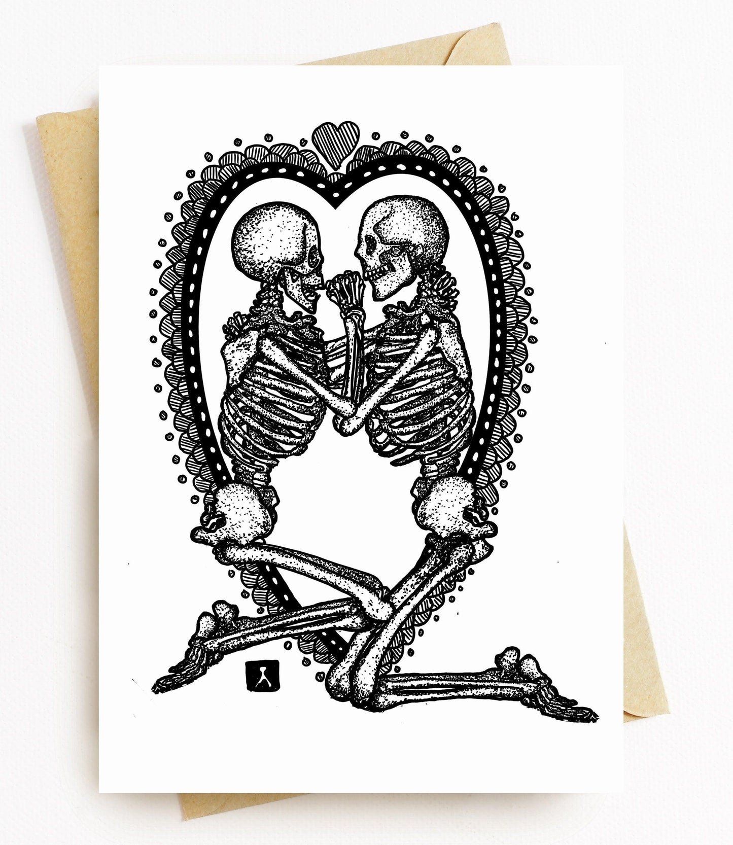 BellavanceInk: Hand Drawn Embracing Skeletons Valentine Card Pen & Ink Illustration 5 x 7 Inches - BellavanceInk
