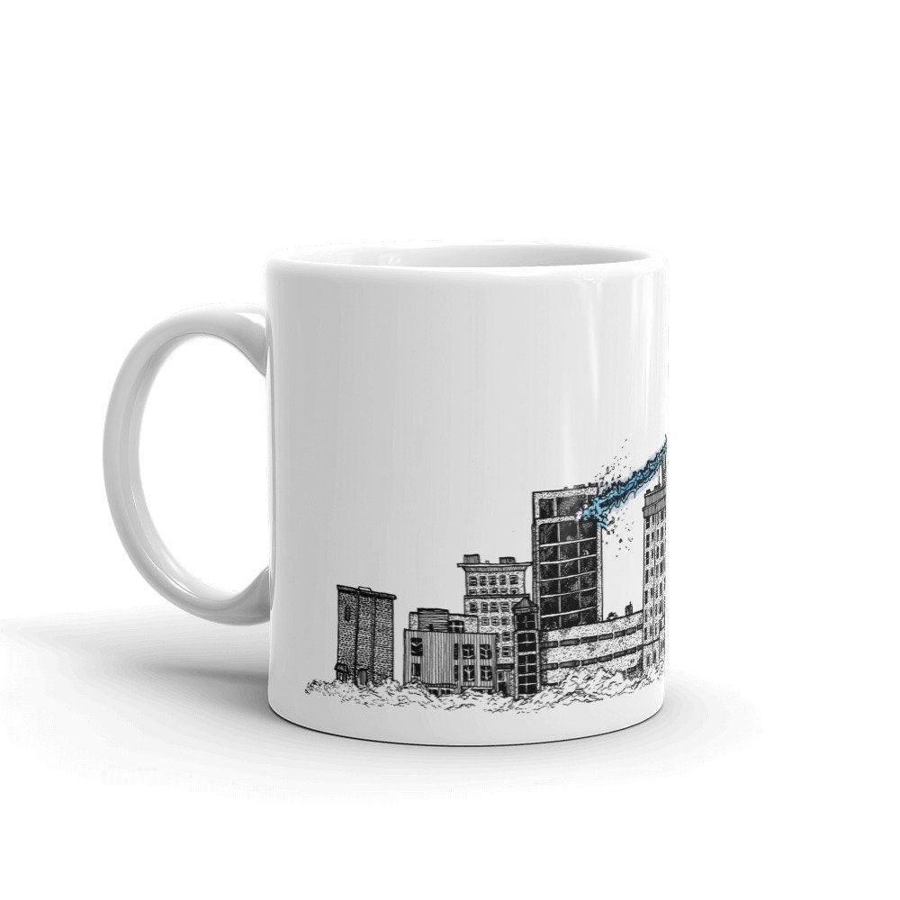BellavanceInk: Coffee Mug With Pen & Ink Watercolor Sketch Of Giant Alien Robot Attacking The Abandoned Landmark Hotel In Charlottesville - BellavanceInk