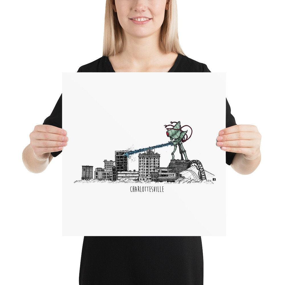 BellavanceInk: Pen And Ink Sketch Print of Large Alien Monster Attacking the Abandoned Landmark Hotel in Charlottesville Virginia - BellavanceInk