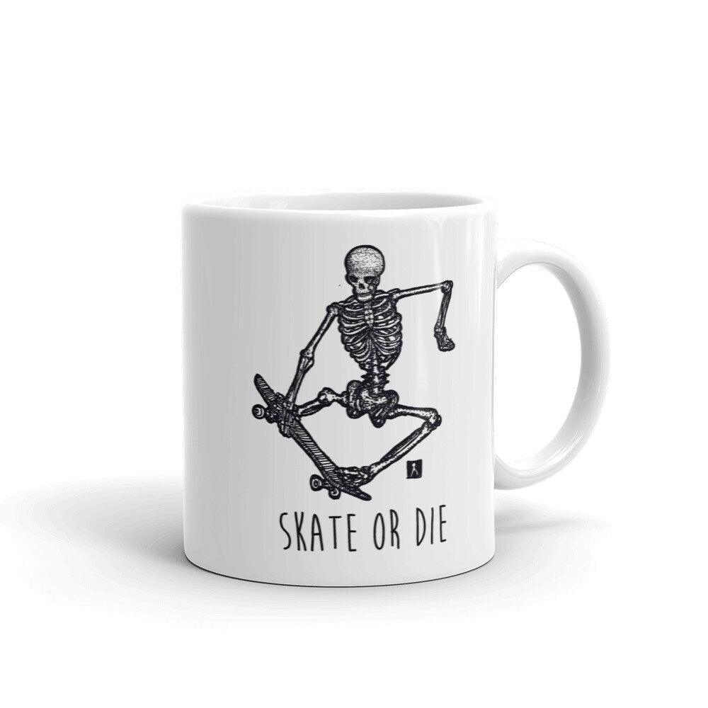 BellavanceInk: Coffee Mug With Pen & Ink Drawing Of Skeleton Skate Boarding (Optional Text) Skate Or Die - BellavanceInk