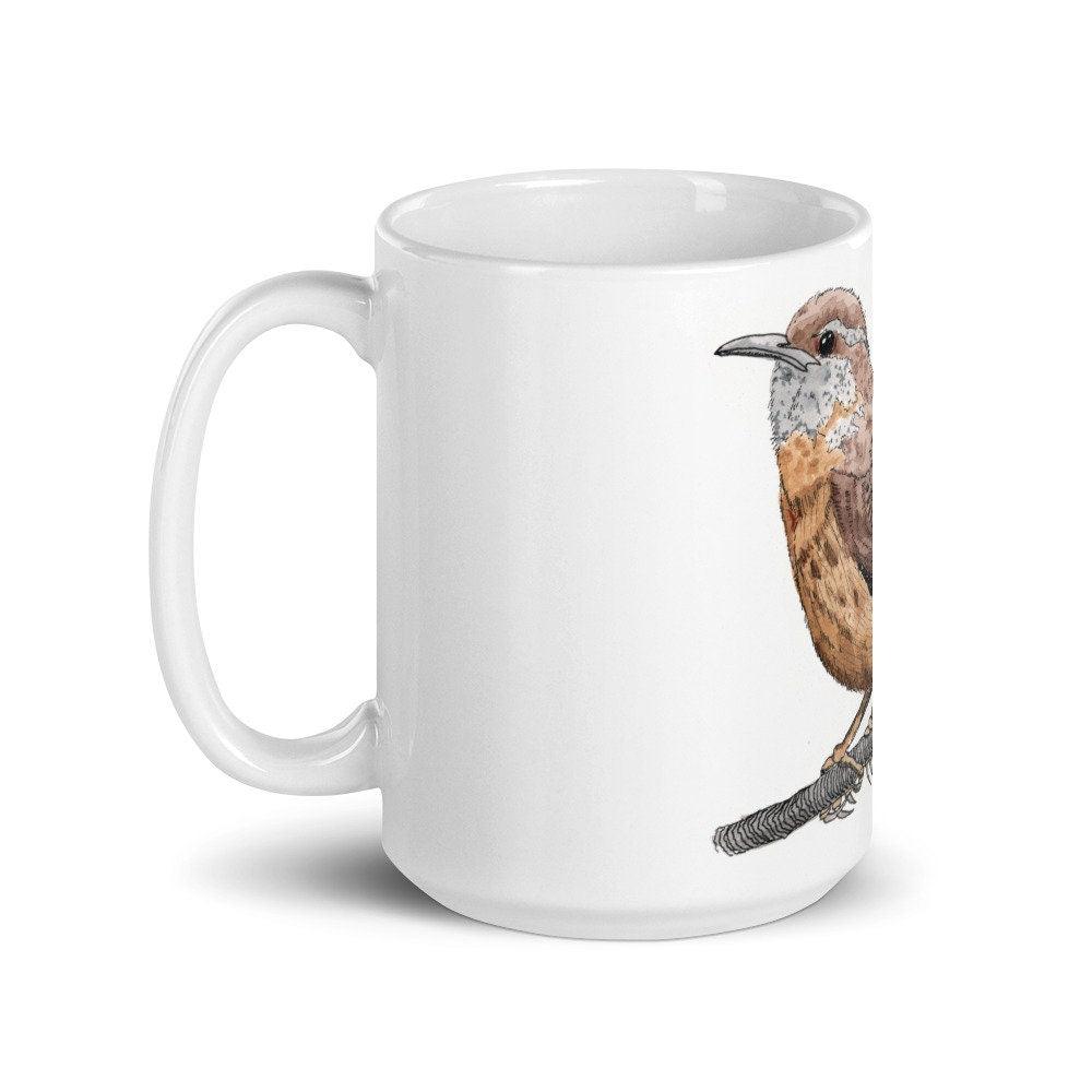 BellavanceInk: Coffee Mug With A Carolina Wren On A Tree Branch Pen & Ink Watercolor Illustration - BellavanceInk