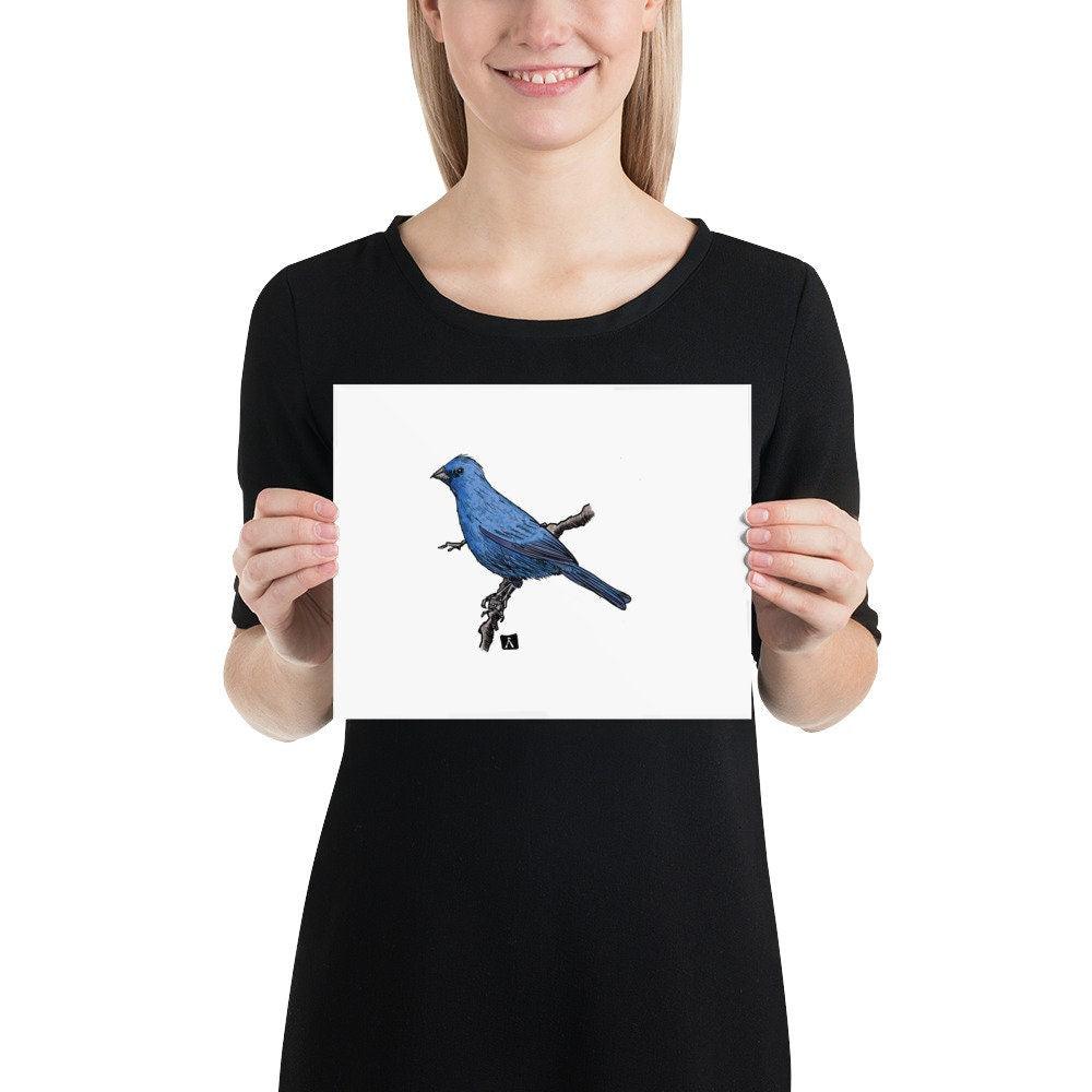 BellavanceInk: Pen & Ink/Watercolor Of An Indigo Bunting Bird On A Branch Print - BellavanceInk