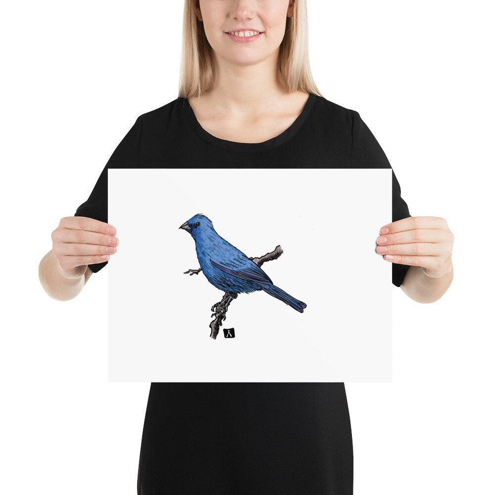 BellavanceInk: Pen & Ink/Watercolor Of An Indigo Bunting Bird On A Branch Print - BellavanceInk