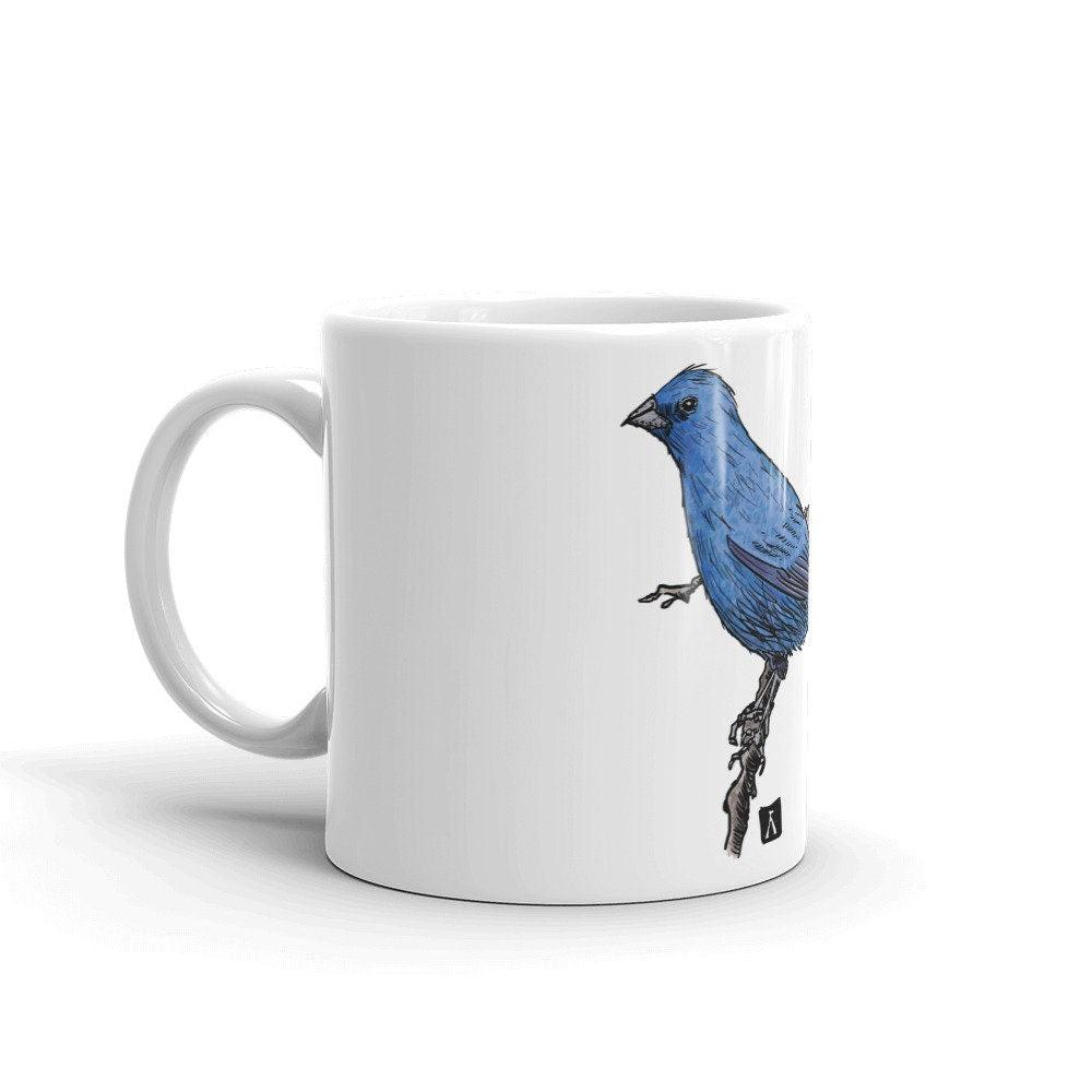 BellavanceInk: Coffee Mug With An Indigo Bunting On A Tree Branch Pen & Ink Watercolor Illustration - BellavanceInk