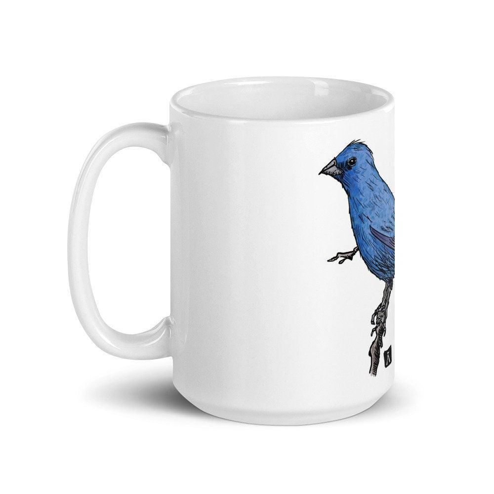 BellavanceInk: Coffee Mug With An Indigo Bunting On A Tree Branch Pen & Ink Watercolor Illustration - BellavanceInk