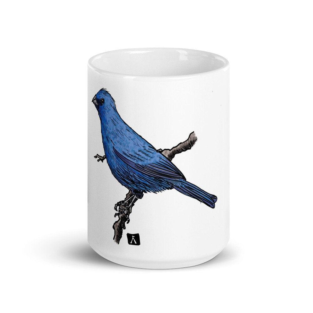 BellavanceInk: Coffee Mug With An Indigo Bunting On A Tree Branch Pen & Ink Watercolor Illustration - BellavanceInk