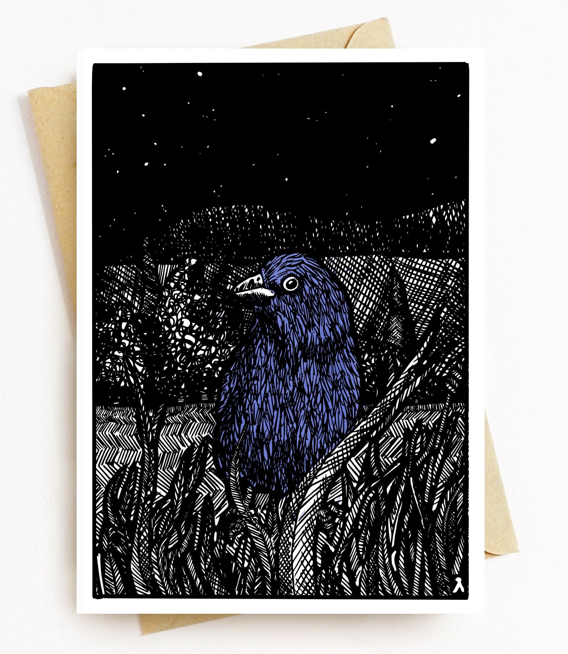 BellavanceInk: Greeting Card With Indigo Bunting In A Meadow Woodcut Style Illustration 5 x 7 Inches - BellavanceInk