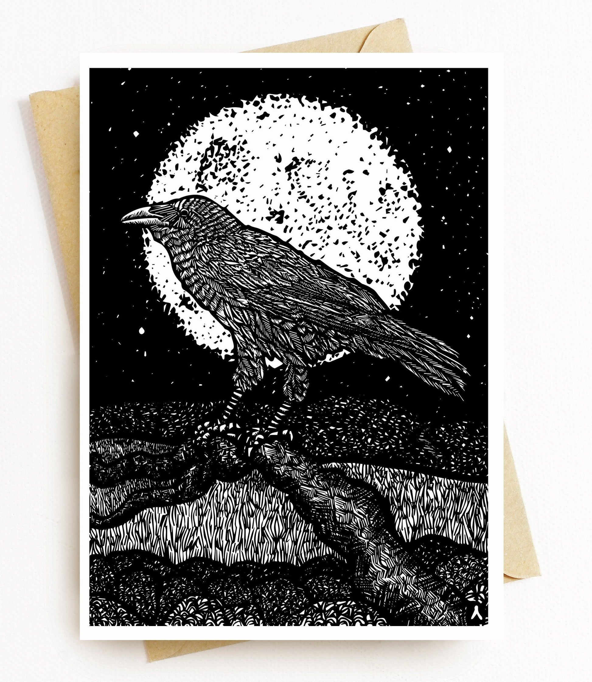 BellavanceInk: Greeting Card With A Raven On A Branch In The Moonlight Woodcut Style Illustration 5 x 7 Inches - BellavanceInk