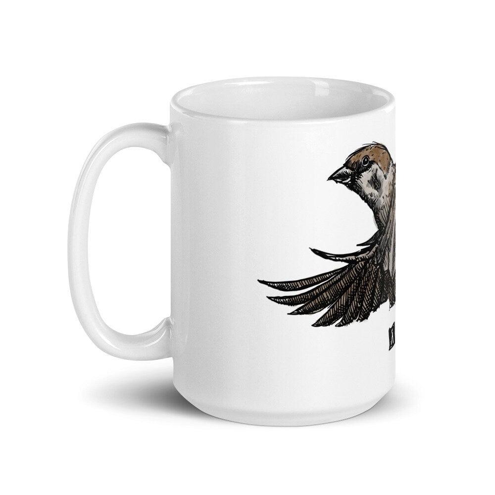 BellavanceInk: Coffee Mug With A New World Sparrow Pen & Ink Watercolor Illustration - BellavanceInk