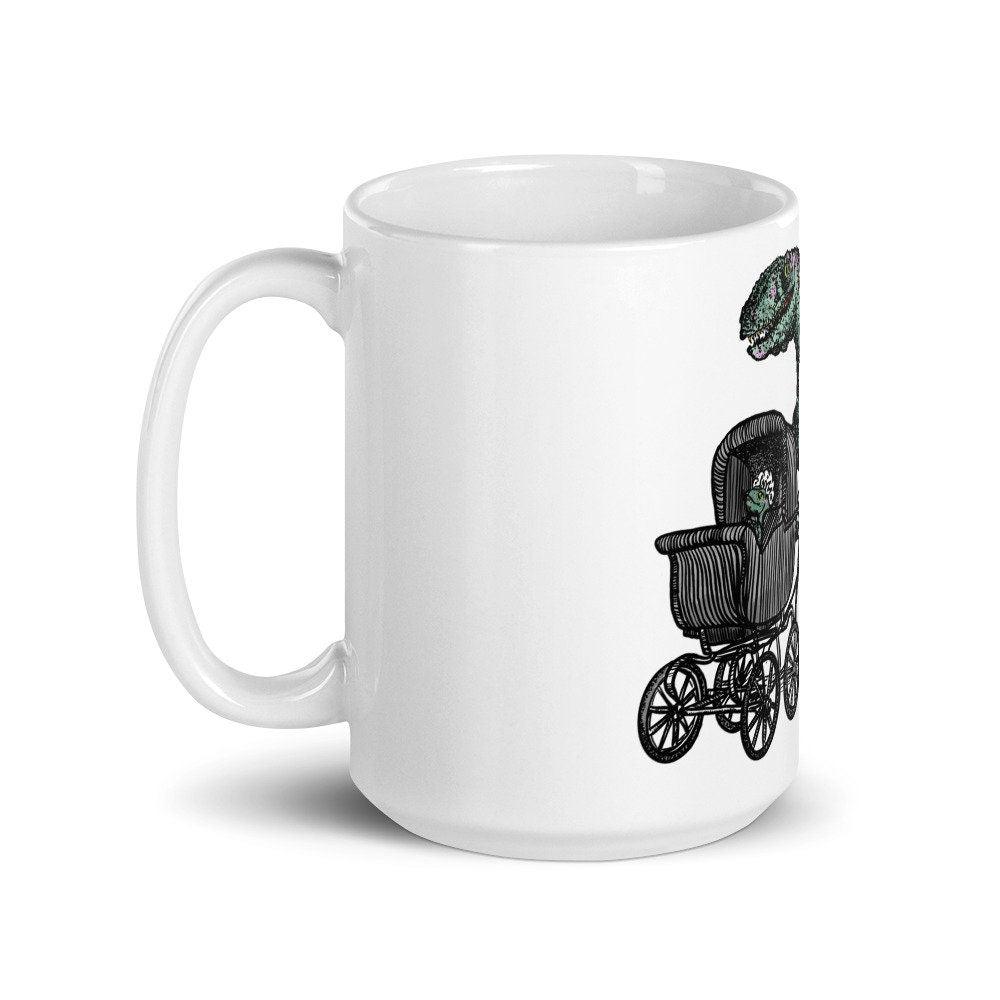 BellavanceInk: Coffee Mug With Mother/Father Velociraptor Dinosaur Walking Their Baby Pen & Ink Watercolor Design - BellavanceInk