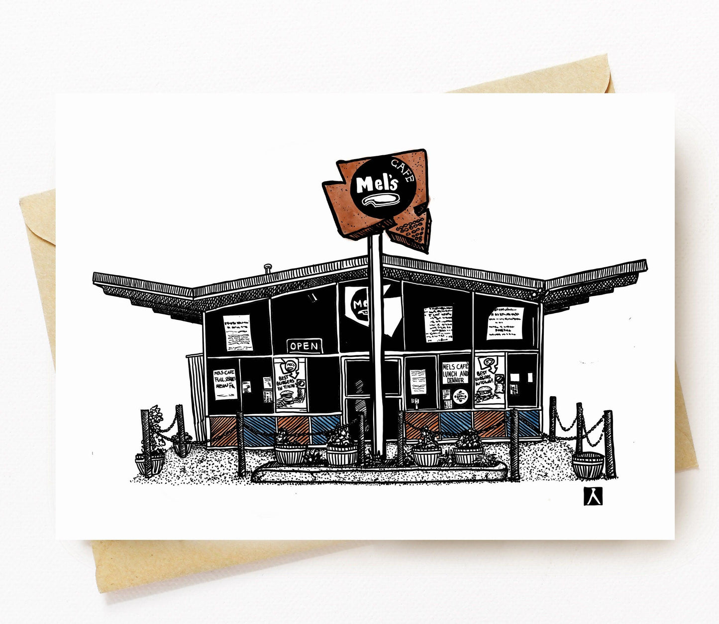 BellavanceInk: Greeting Card With A Pen & Ink Drawing Of Mel's Diner In Charlottesville Along West Main St 5 x 7 Inches - BellavanceInk