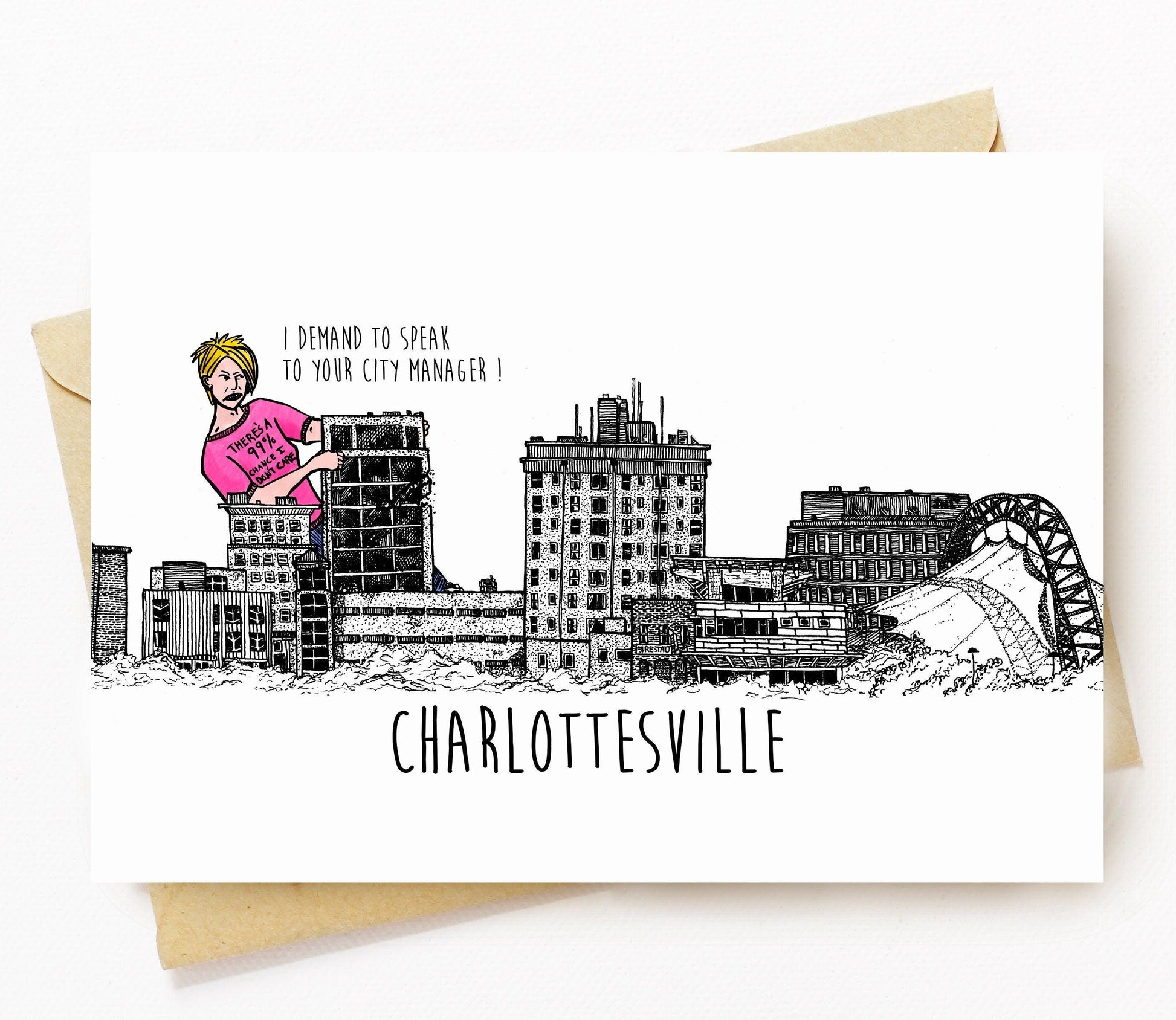 BellavanceInk: Greeting Card With A Pen & Ink Drawing Of Large Monster Karen Attacking the Abandoned Landmark Hotel  5 x 7 Inches - BellavanceInk