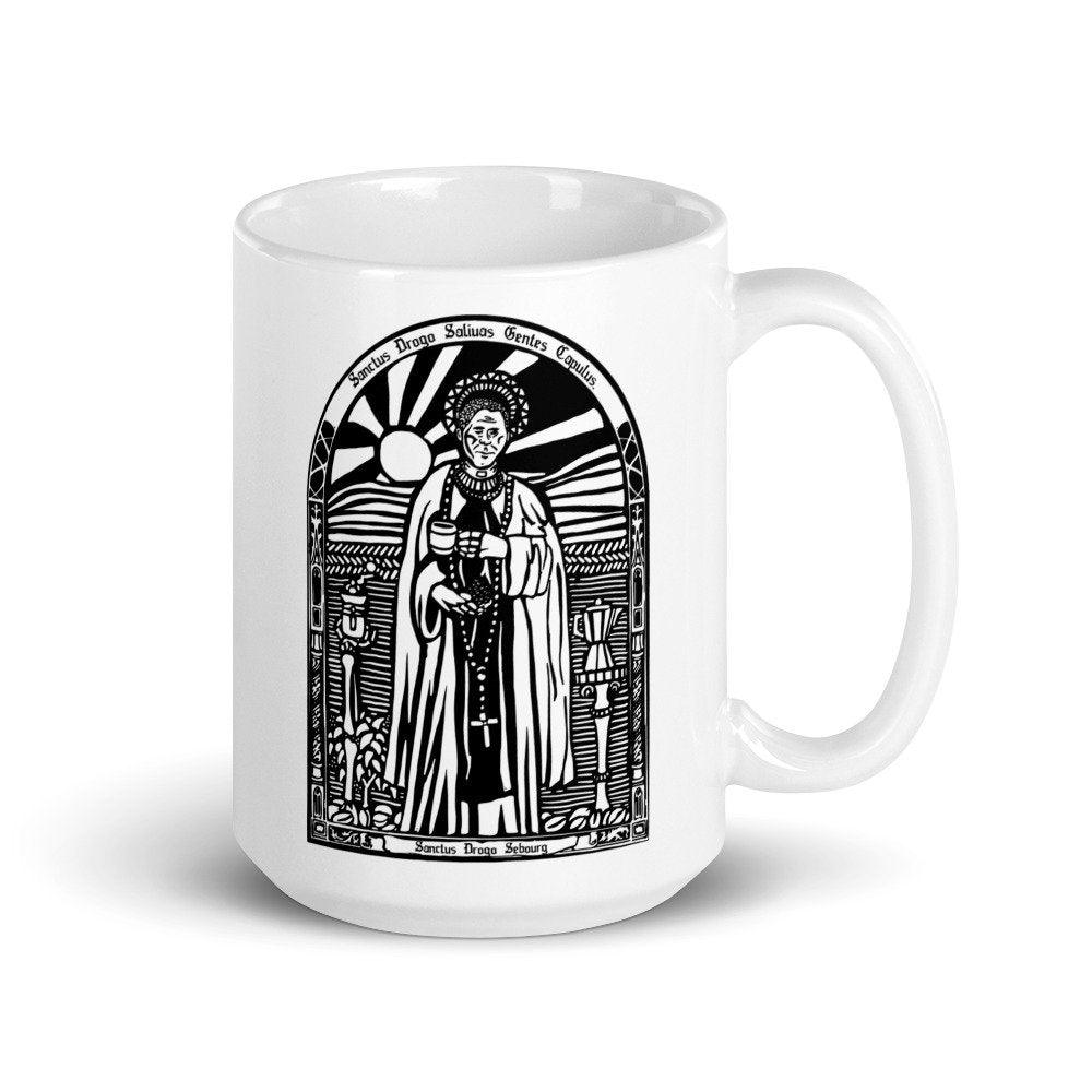 BellavanceInk: Coffee Mug With The Patron Saint Of Coffee Brewers & Makers Saint Drogo Wood Cut Style Graphic - BellavanceInk
