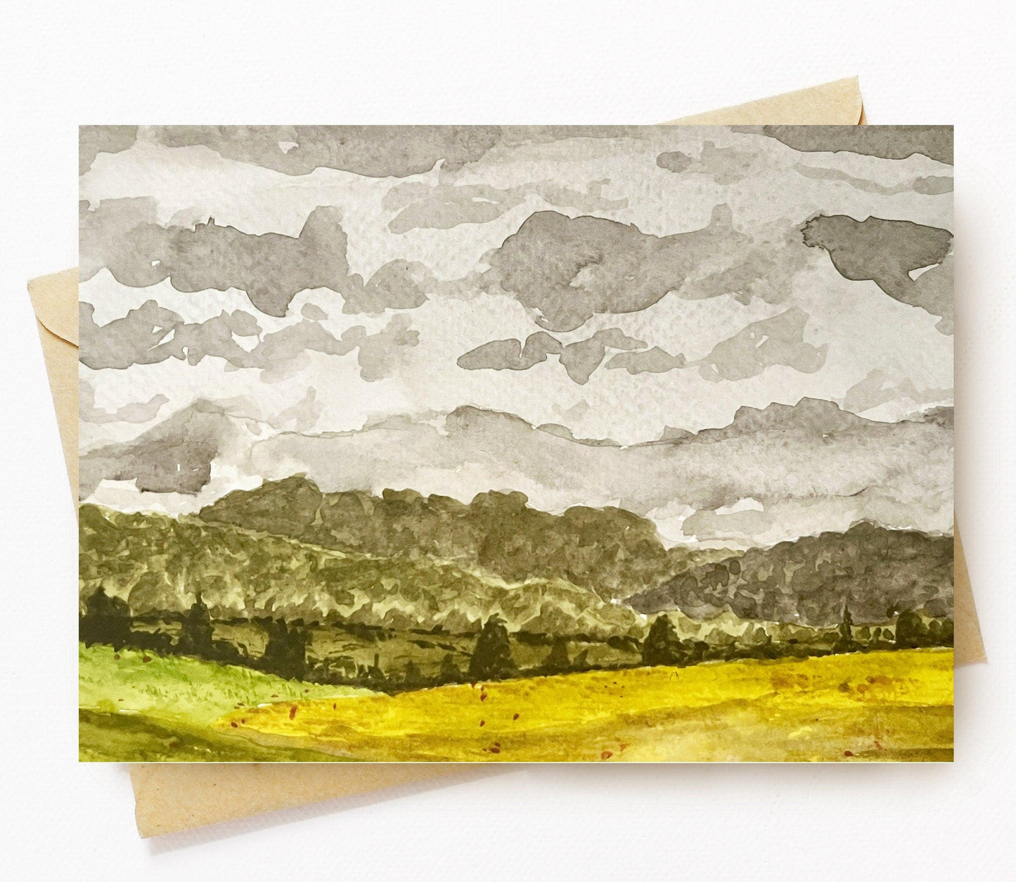 BellavanceInk: Greeting Card With Watercolor Of Farming Field In Crozet Virginia With The Blue Ridge Mountains 5 x 7 Inches - BellavanceInk