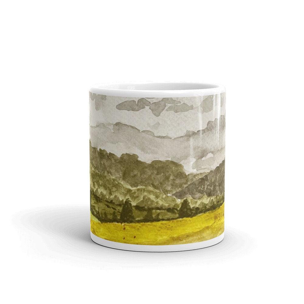 BellavanceInk: Coffee Mug With Watercolor Painting Of Crozet Virginia Area Mountains Along Three Notched Road - BellavanceInk