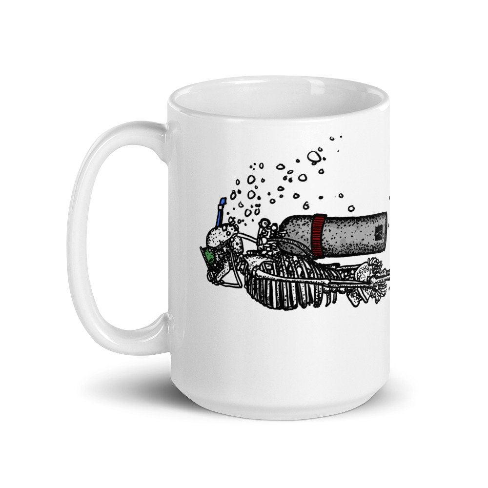 BellavanceInk: Coffee Mug With Pen & Ink Drawing Of A Skeleton Scuba Diving In The River Styx - BellavanceInk