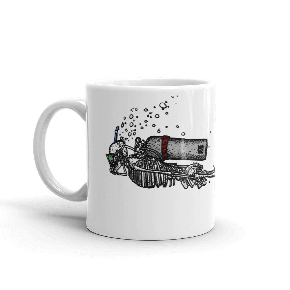 BellavanceInk: Coffee Mug With Pen & Ink Drawing Of A Skeleton Scuba Diving In The River Styx - BellavanceInk