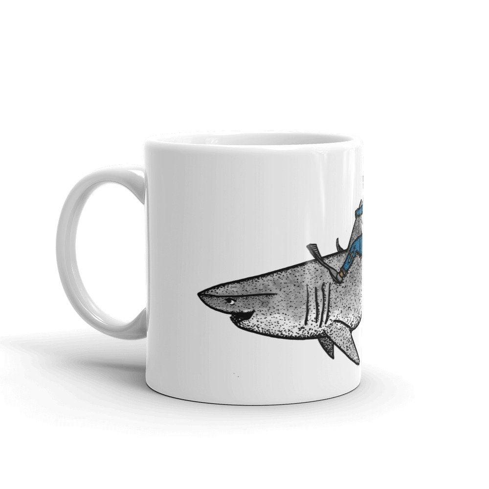 BellavanceInk: White Coffee Mug With Scuba Diver Riding Bronco On A Great White Shark Pen & Ink Watercolor Illustration - BellavanceInk