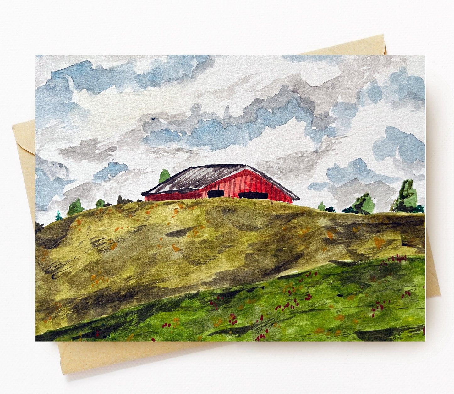 BellavanceInk: Greeting Card With Watercolor Of Barn Behind Hills in Ivy Virginia 5 x 7 Inches - BellavanceInk