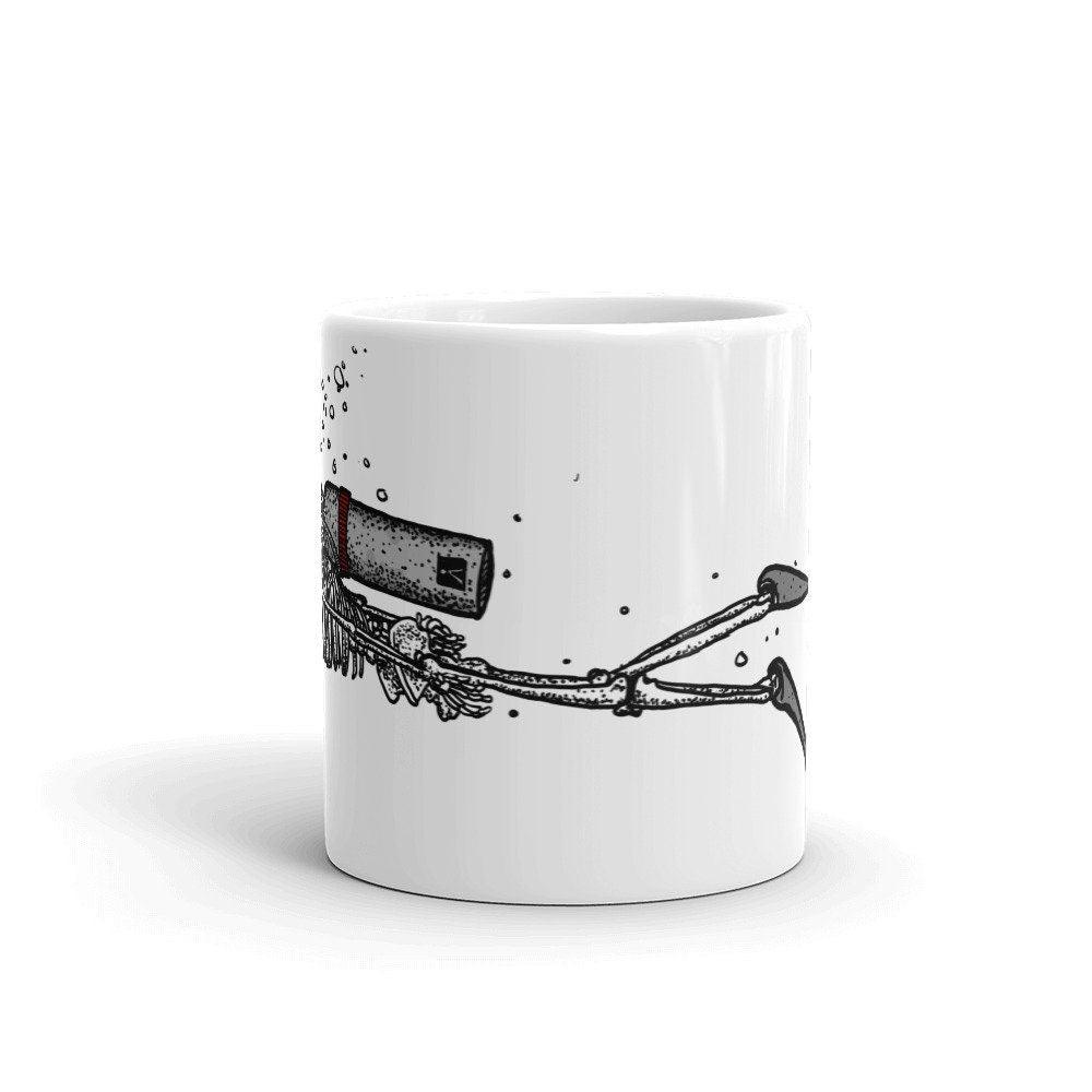 BellavanceInk: Coffee Mug With Pen & Ink Drawing Of A Skeleton Scuba Diving In The River Styx - BellavanceInk