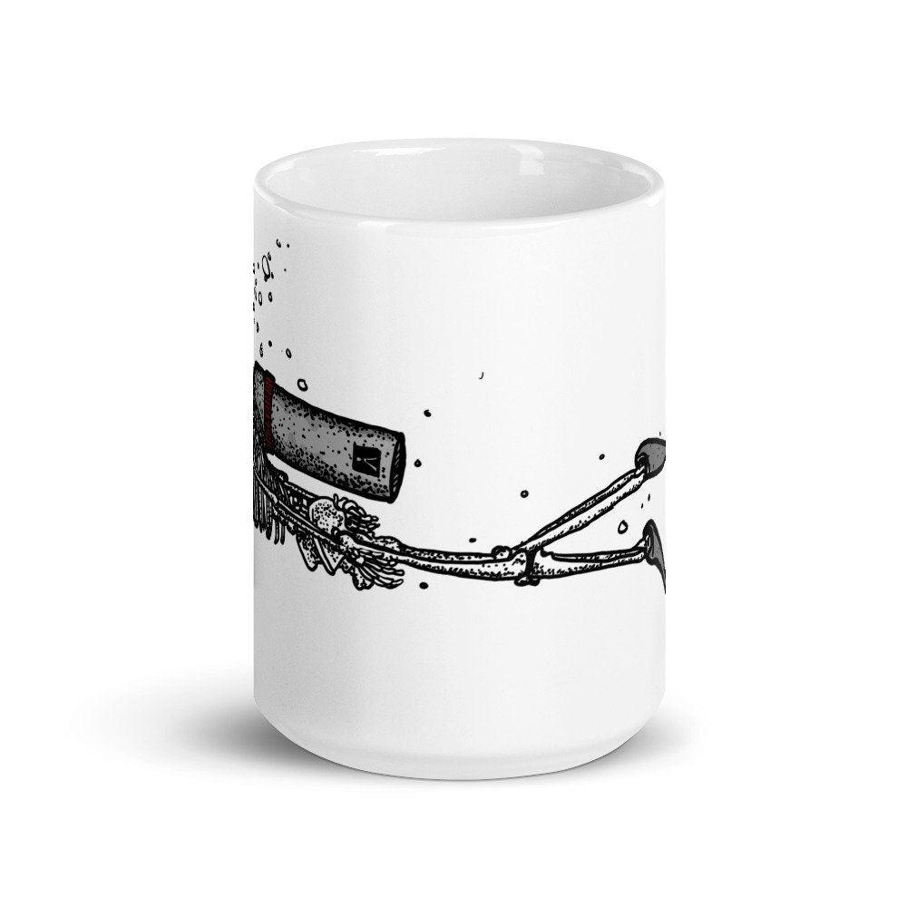 BellavanceInk: Coffee Mug With Pen & Ink Drawing Of A Skeleton Scuba Diving In The River Styx - BellavanceInk