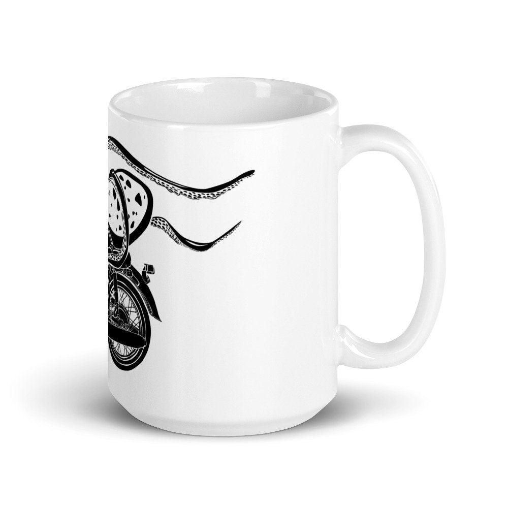 BellavanceInk: Coffee Mug With Octopus Riding Their Cafe Racer Motorcycle - BellavanceInk