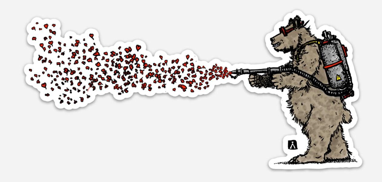 BellavanceInk: Bear With Flame Thrower Sending Out Valentines Vinyl Sticker Hand Drawn Illustration - BellavanceInk