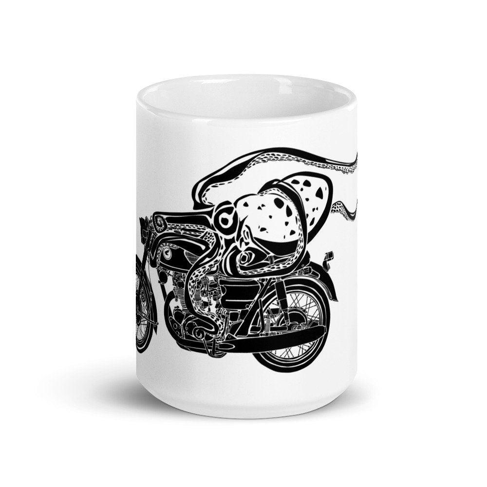 BellavanceInk: Coffee Mug With Octopus Riding Their Cafe Racer Motorcycle - BellavanceInk