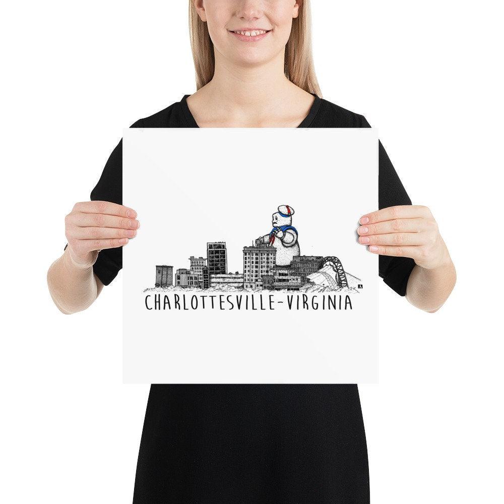 BellavanceInk: Pen And Ink Sketch Print of Large Marshmallow Monster Attacking the Abandoned Landmark Hotel in Charlottesville Virginia - BellavanceInk