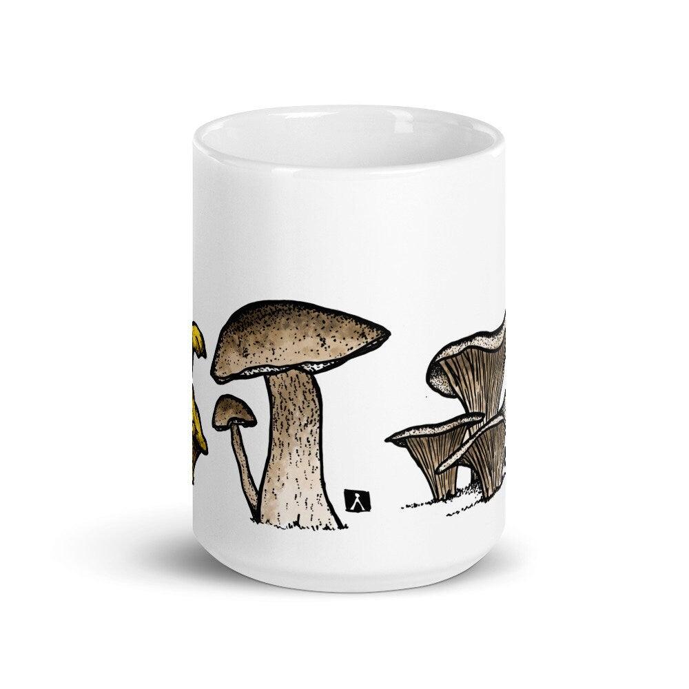 BellavanceInk: White Coffee Mug With Pen/Ink Watercolor Oyster Mushroom Porcini Mushroom Chanterelle Mushroom And Morel Mushroom - BellavanceInk