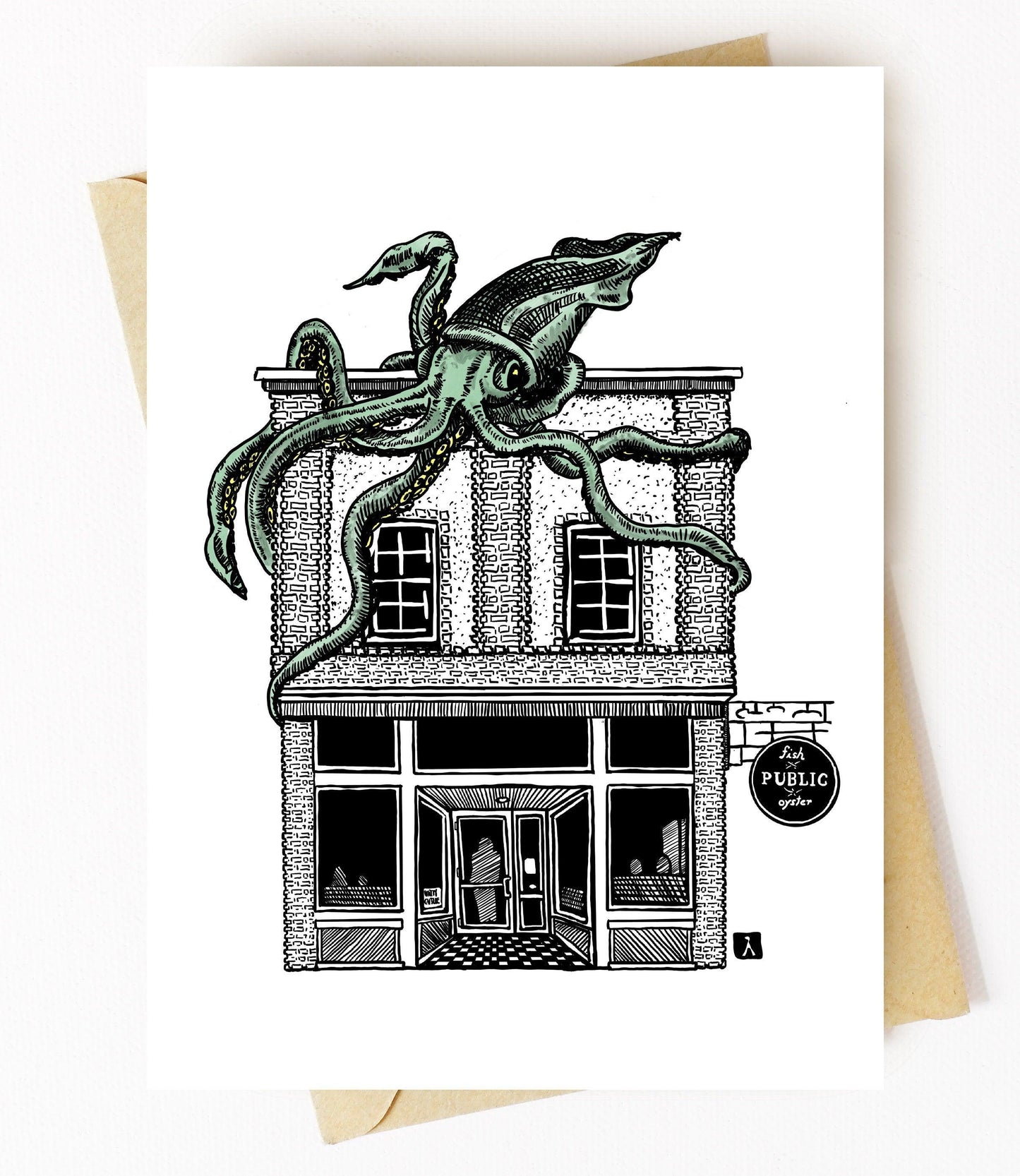 BellavanceInk: Greeting Card With A Pen & Ink Drawing Public Fish And Oyster Restaurant In Charlottesville 5 x 7 Inches - BellavanceInk