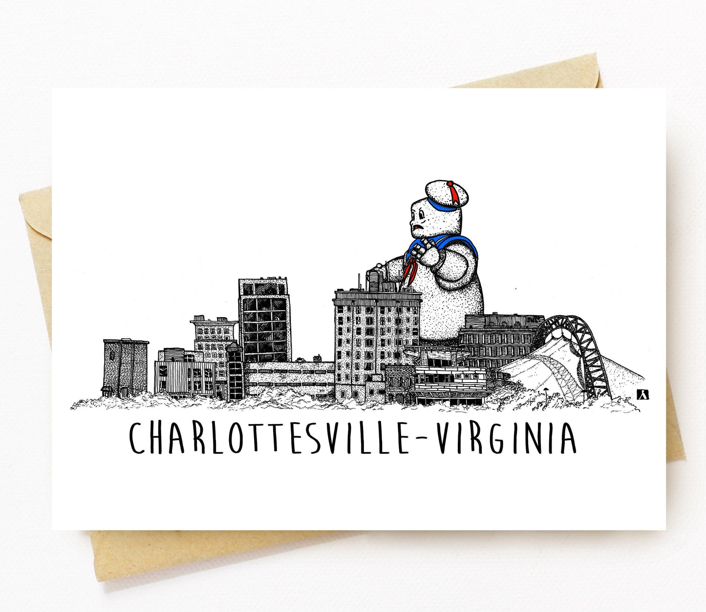 BellavanceInk: Greeting Card With A Pen & Ink Drawing Of Large Marshmallow Monster Attacking the Abandoned Landmark Hotel 5 x 7 Inches - BellavanceInk