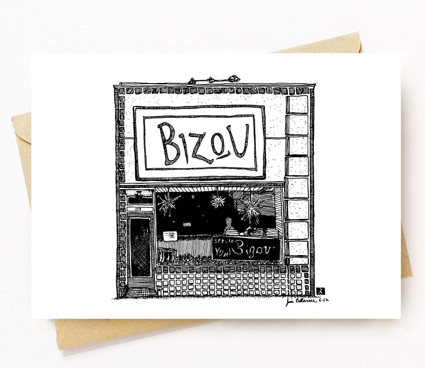 BellavanceInk: Greeting Card With A Pen & Ink Drawing Of Bizou Restaurant in Downtown Charlottesville Virginia 5 x 7 Inches - BellavanceInk