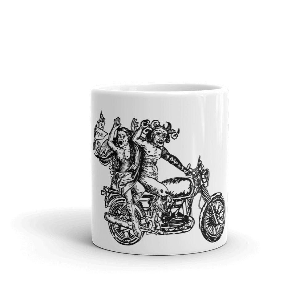 BellavanceInk: Coffee Mug With Demon And Lady Riding A Motorcycle Pen And Ink Illustration - BellavanceInk