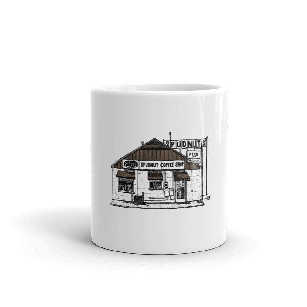 BellavanceInk: Coffee Mug With Pen & Ink Sketch Of The Old Spudnuts Building In Charlottesville/Belmont - BellavanceInk