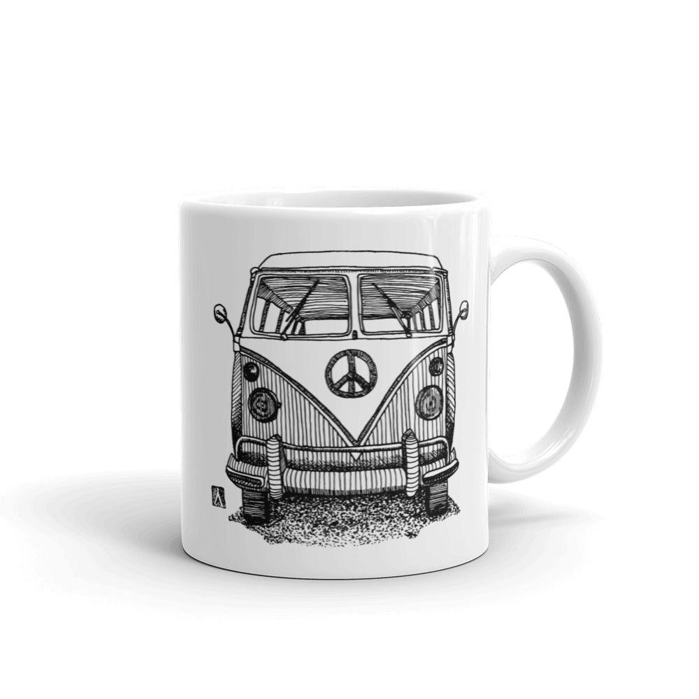 BellavanceInk: Coffee Mug With Vintage VW Bus Hippie Van Pen And Ink Illustration - BellavanceInk