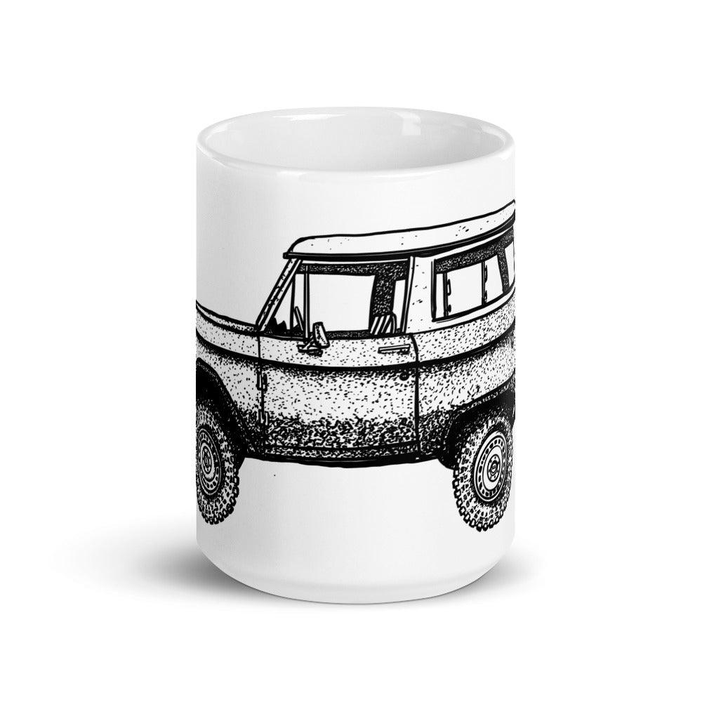 BellavanceInk: Coffee Mug With Vintage Bronco SUV Pen And Ink Illustration With Watercolor - BellavanceInk