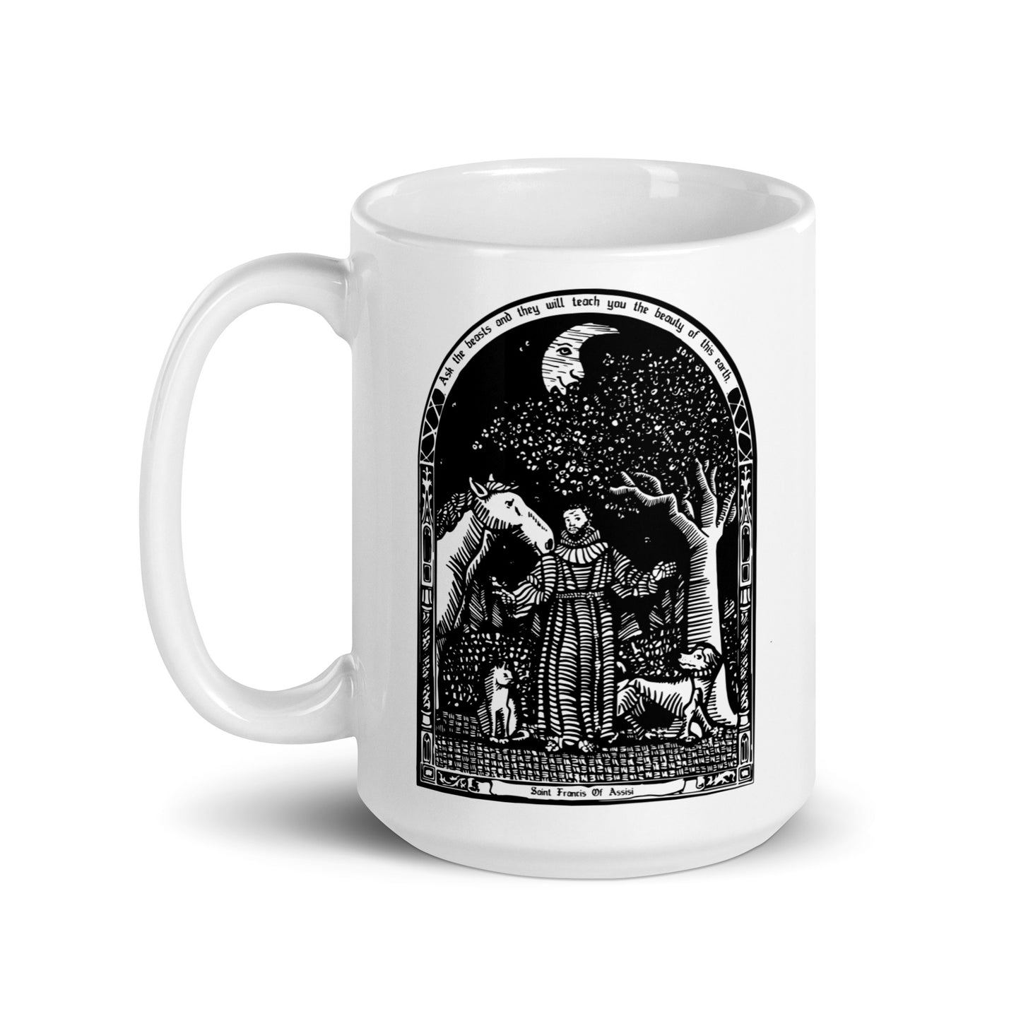 BellavanceInk: Coffee Mug With The Patron Of Pets Saint Francis Of Assisi Wood Cut Style Graphic
