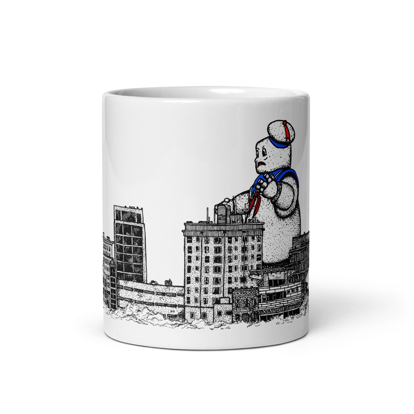 BellavanceInk: Coffee Mug With Pen & Ink Watercolor Sketch Of Giant Marshmallow Monster Attacking The Landmark Hotel In Charlottesville