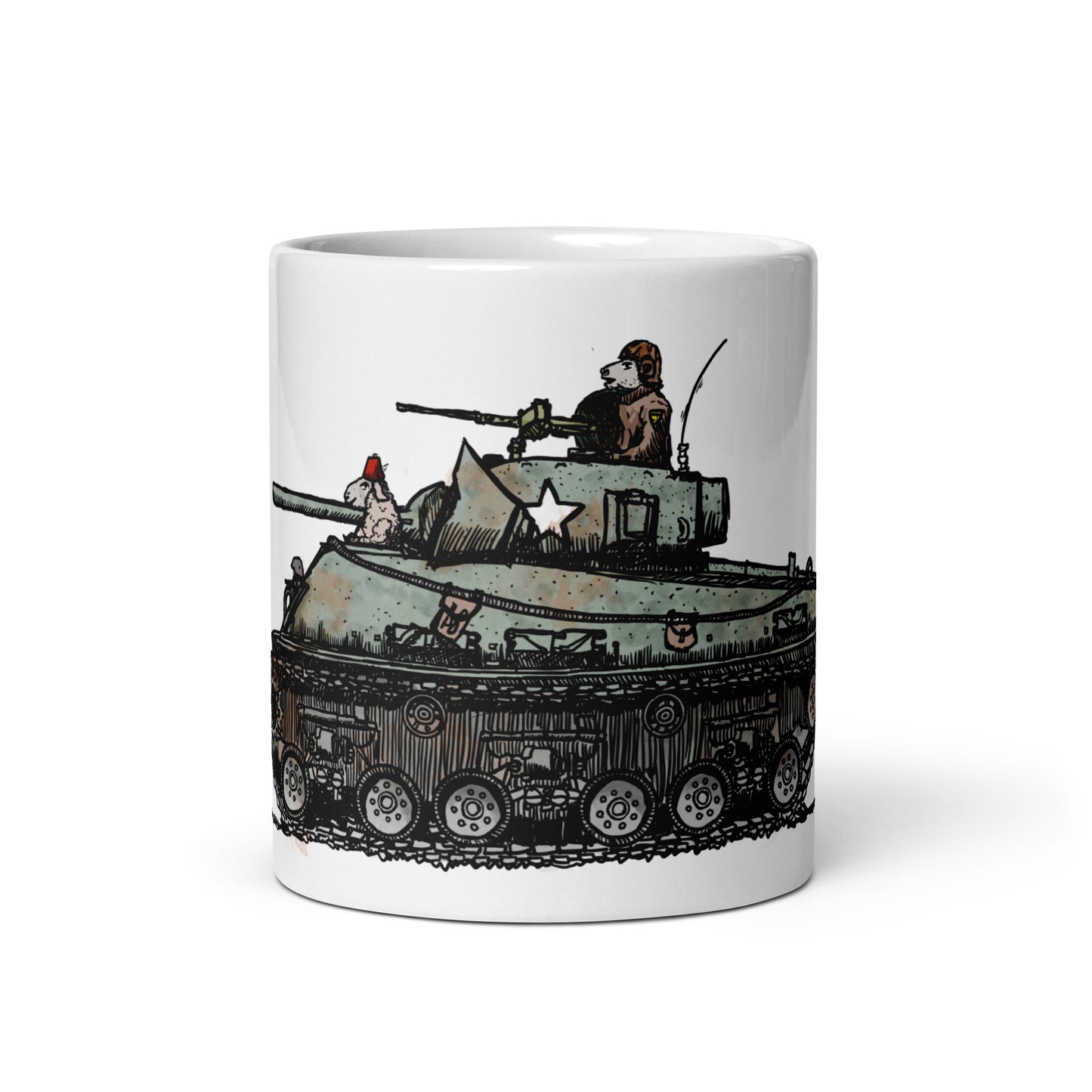 BellavanceInk: Pen & Ink/Watercolor Sheep Heroes Driving A Sherman Tank Coffee Mug