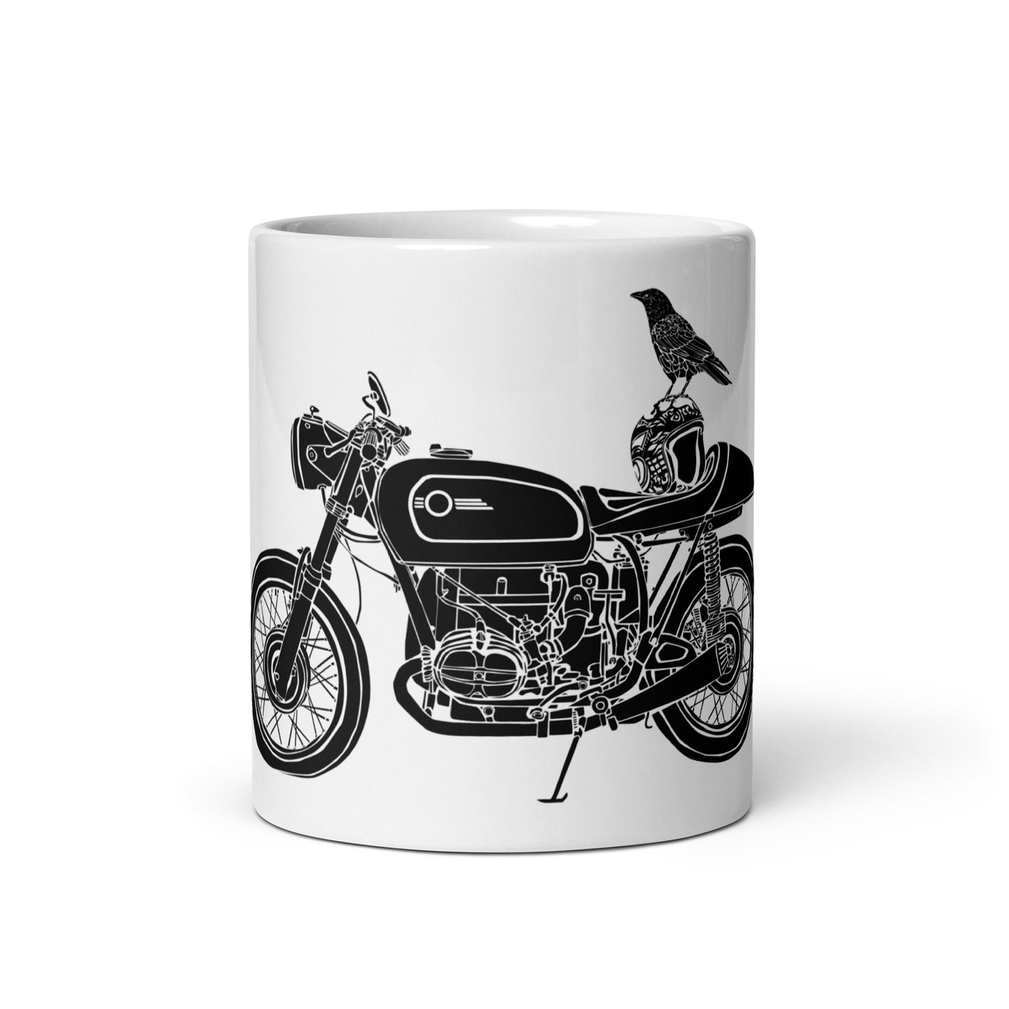 BellavanceInk: Coffee Mug With A Crow Sitting On Top Of A Vintage Cafe Racer Motorcycle Pen & Ink Sketch