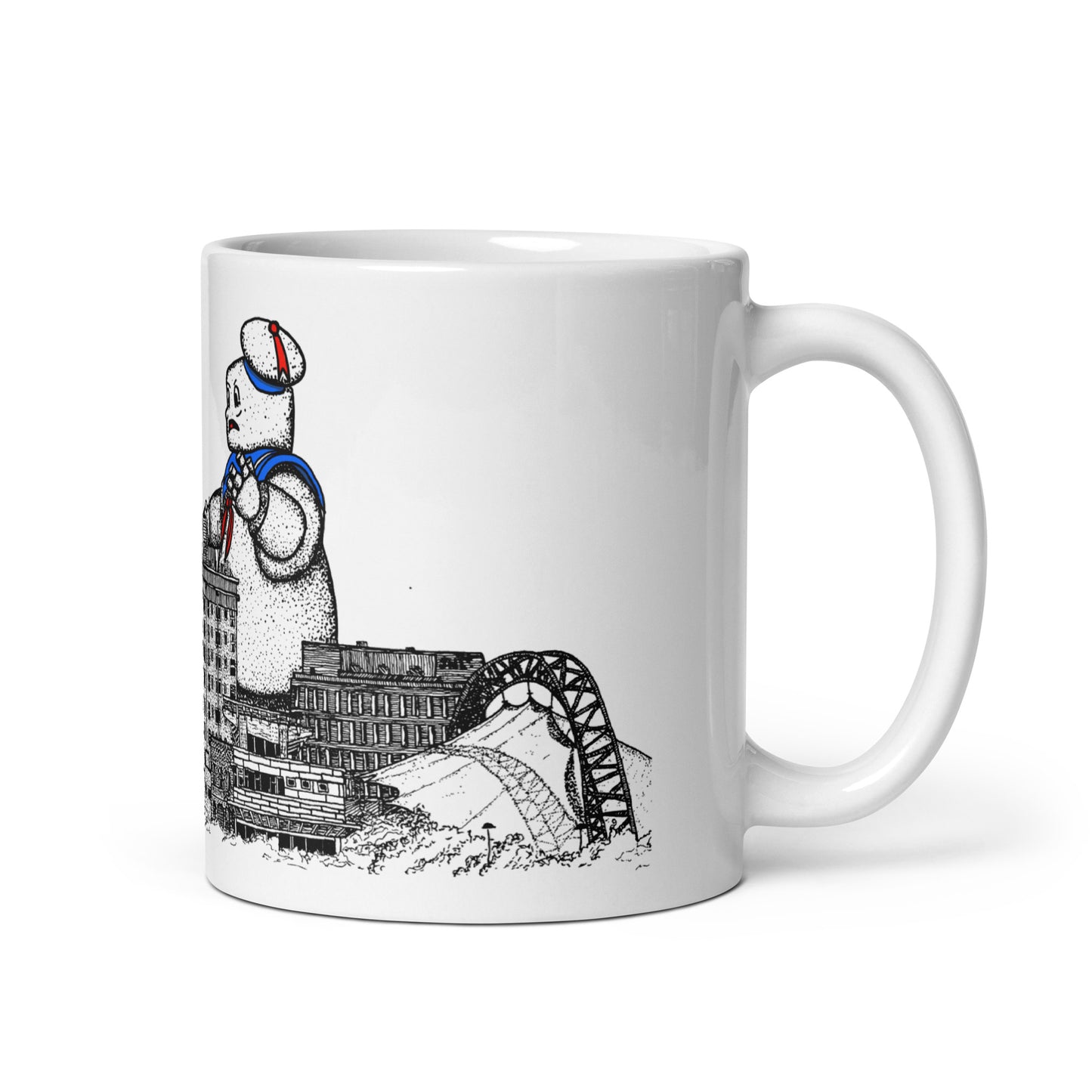 BellavanceInk: Coffee Mug With Pen & Ink Watercolor Sketch Of Giant Marshmallow Monster Attacking The Landmark Hotel In Charlottesville