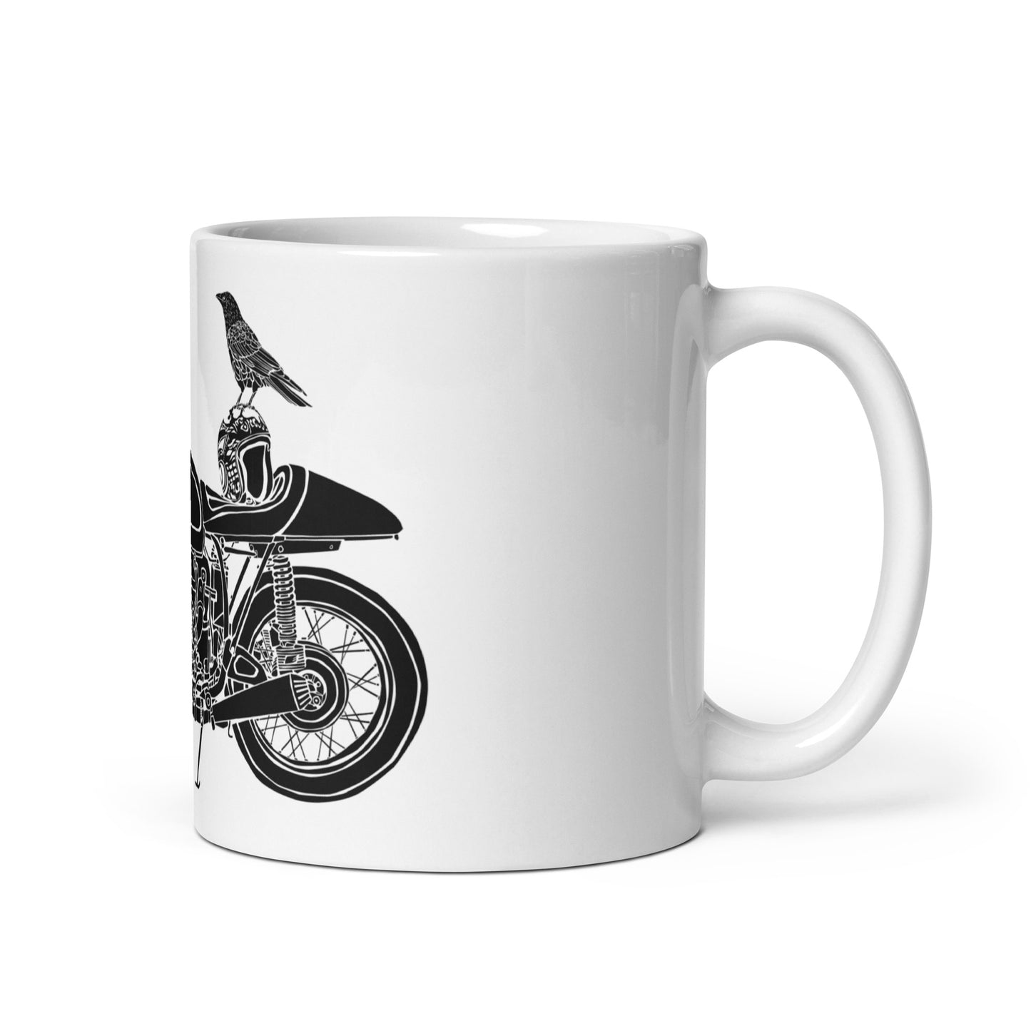 BellavanceInk: Coffee Mug With A Crow Sitting On Top Of A Vintage Cafe Racer Motorcycle Pen & Ink Sketch