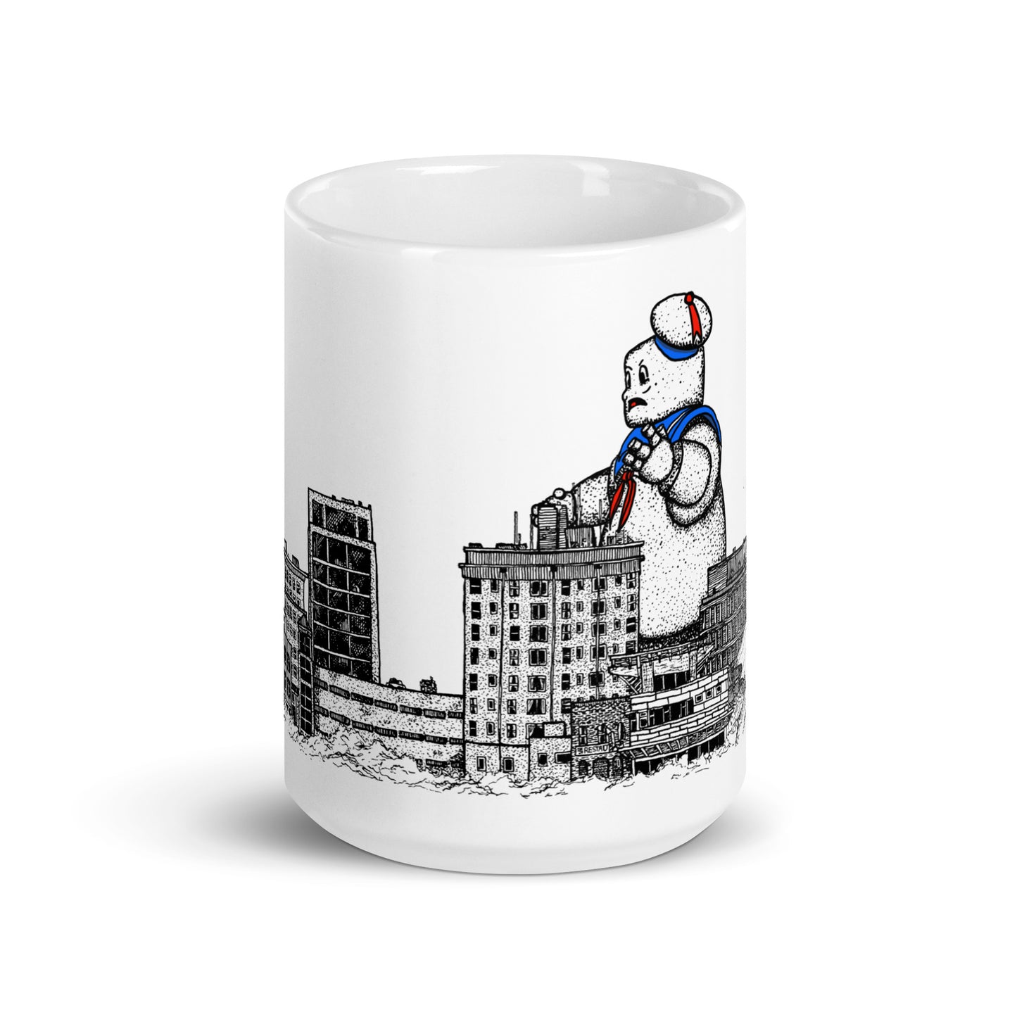 BellavanceInk: Coffee Mug With Pen & Ink Watercolor Sketch Of Giant Marshmallow Monster Attacking The Landmark Hotel In Charlottesville