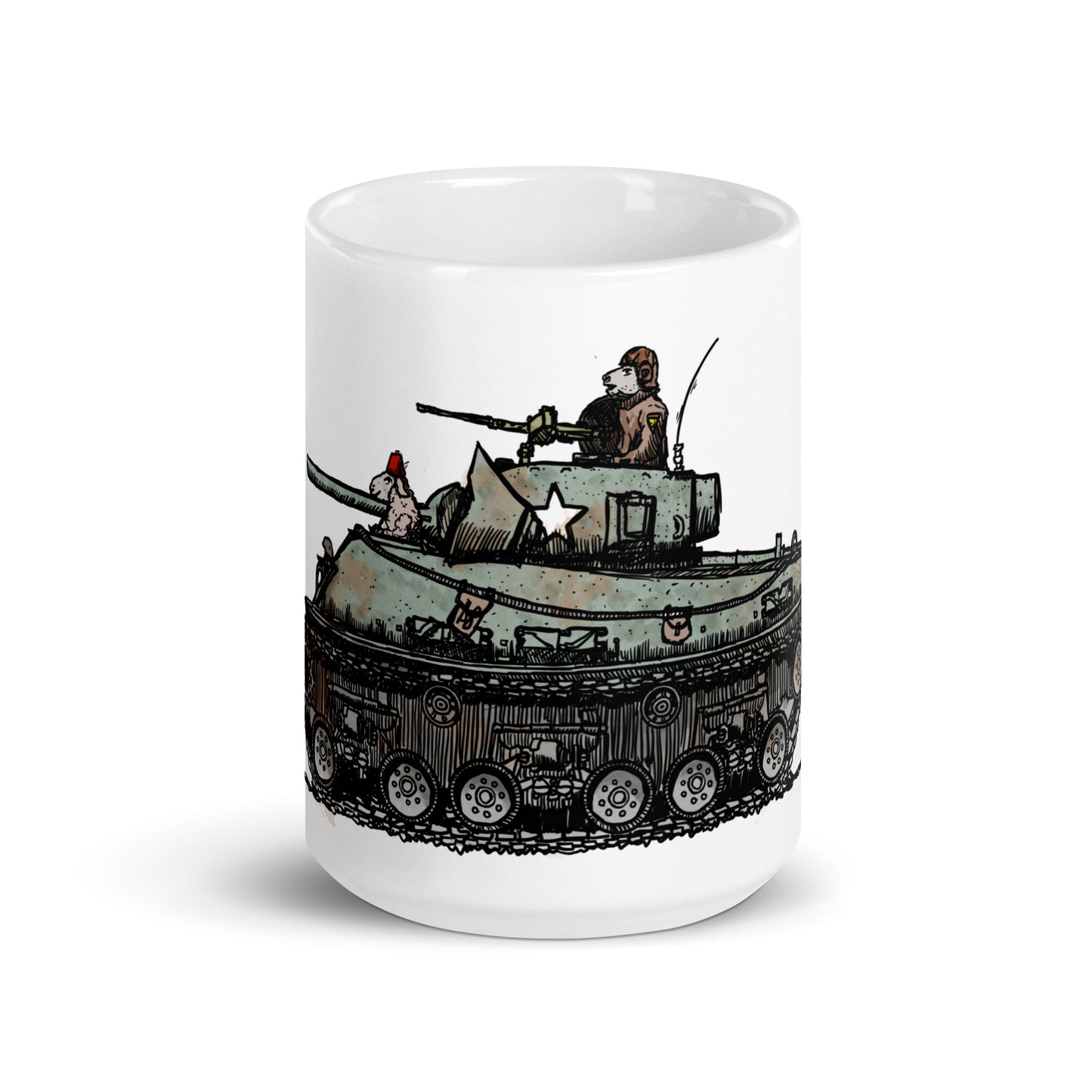 BellavanceInk: Pen & Ink/Watercolor Sheep Heroes Driving A Sherman Tank Coffee Mug