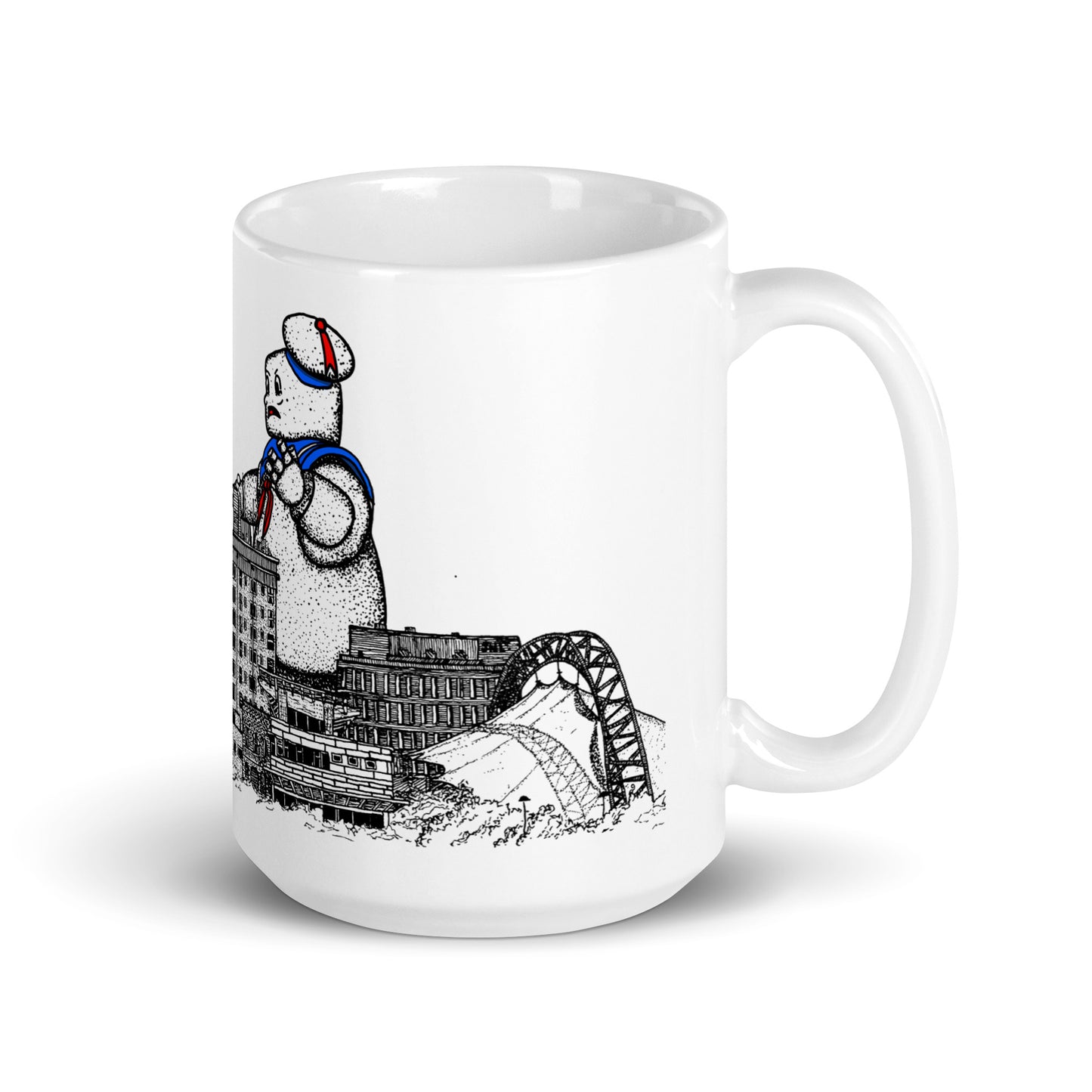 BellavanceInk: Coffee Mug With Pen & Ink Watercolor Sketch Of Giant Marshmallow Monster Attacking The Landmark Hotel In Charlottesville