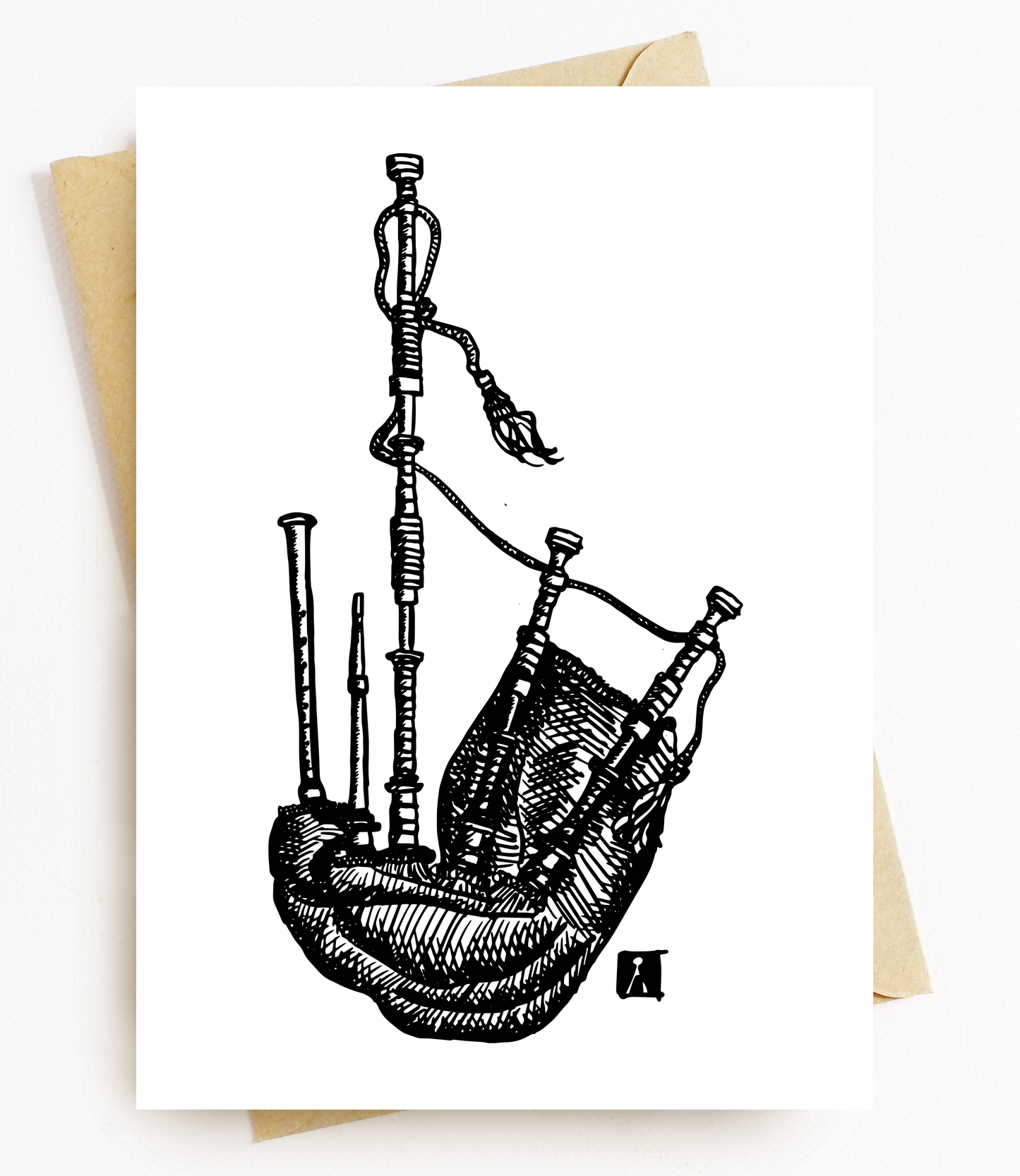 BellavanceInk: Greeting Card With Scottish Highland  Bagpipes Pen & Ink Watercolor Illustration 5 x 7 Inches